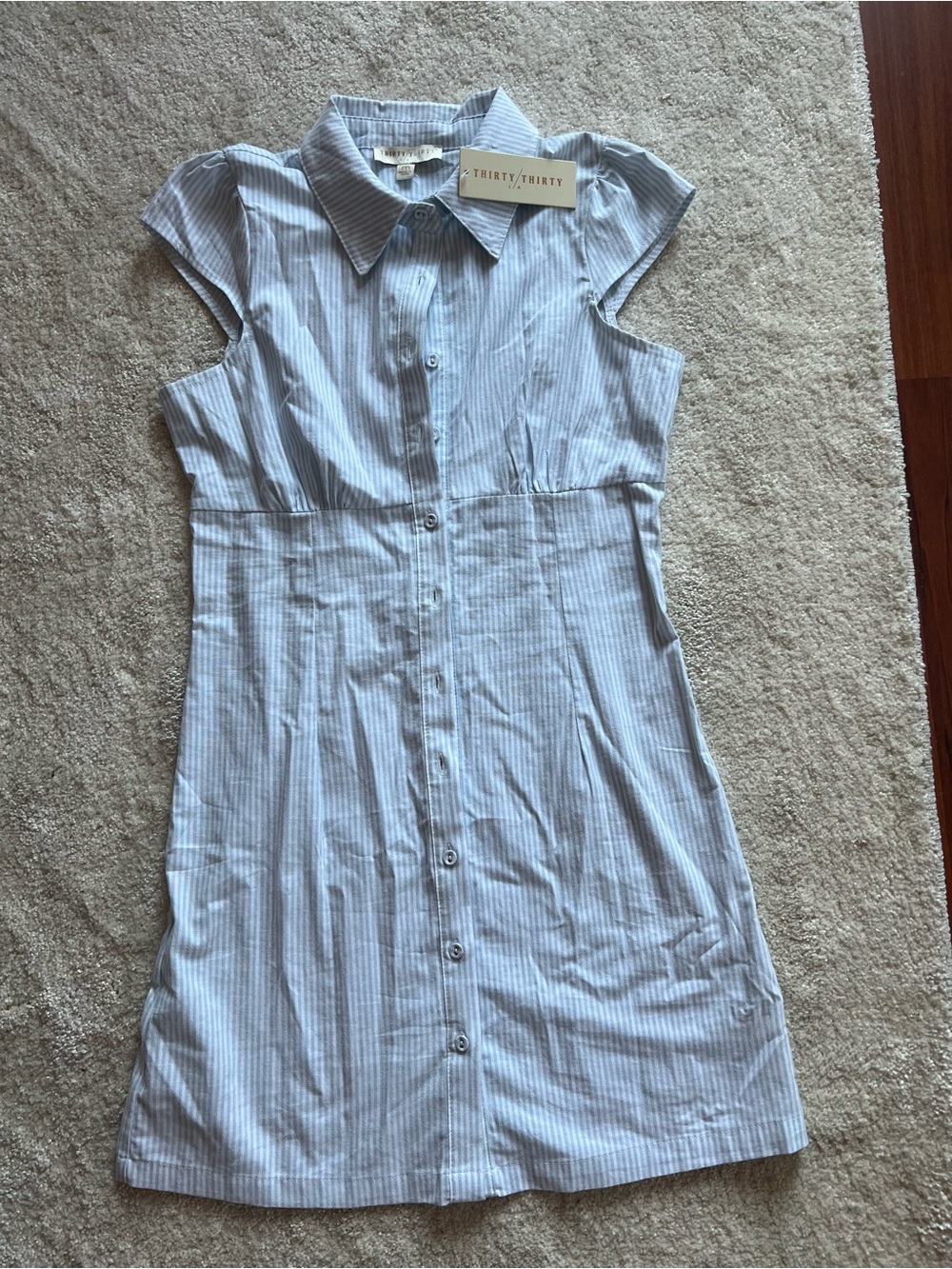 Light Blue Striped Cap-Sleeve Shirt Dress